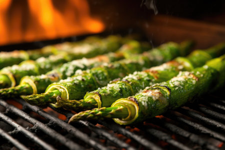 close-up of asparagus spears on a hot grill, created with generative aiの素材