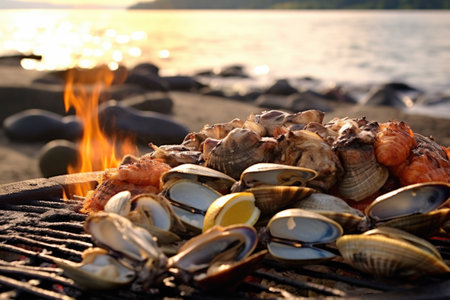beach bbq grill with clams and a variety of seafood, created with generative aiの素材