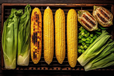 top view of various corn on the cob on a grill, created with generative aiの素材