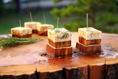 feta cheese slices grilling on cedar plank outdoors, created with generative aiの素材