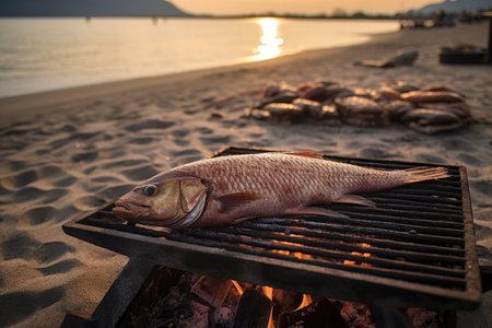 freshly caught fish with grill marks on beach bbq, created with generative aiの素材