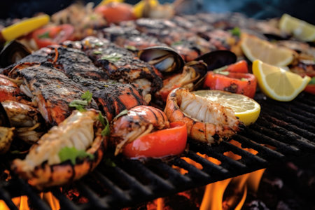 close-up of charred seafood on beachside grill, created with generative aiの素材