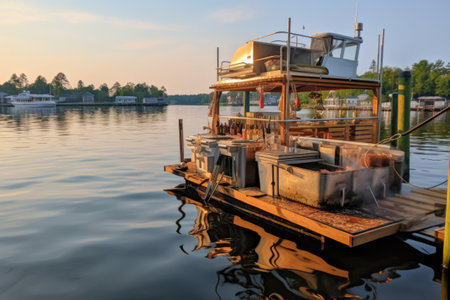 wide shot of grilling station on a boat surrounded by water, created with generative aiの素材