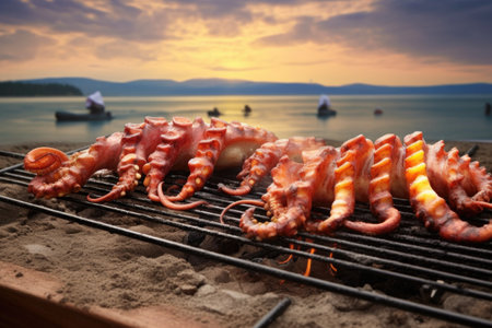 grilled octopus tentacles with char marks on beach backdrop, created with generative aiの素材