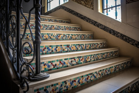 delicate mosaic tile pattern on staircase railing, created with generative aiの素材