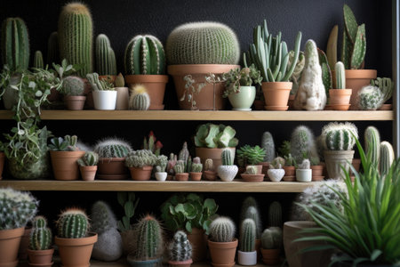 collection of potted cactus species on a shelf, created with generative aiの素材