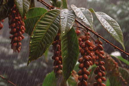 raindrops on coffee leaves in misty plantation, created with generative aiの素材