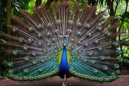 peacock displaying its impressive tail feathers, created with generative aiの素材