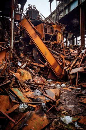 old, rusty metal scrap in a recycling facility, created with generative aiの素材