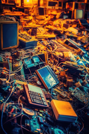 close-up of electronic waste at garbage dump, created with generative aiの素材