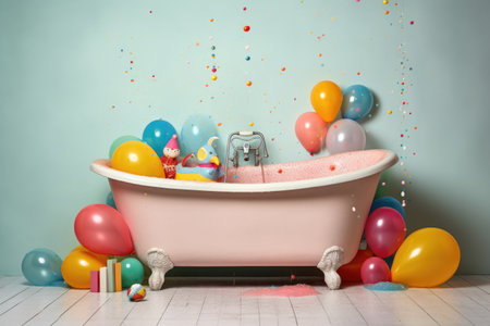 colorful empty baby bathtub with bubbles and toys, created with generative aiの素材