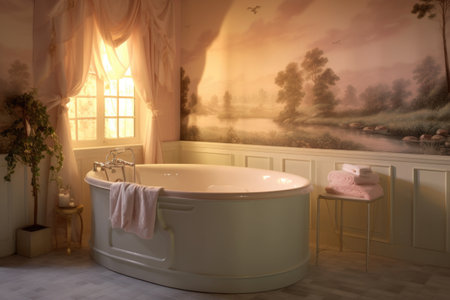 baby bathtub in a bathroom with soft lighting, created with generative aiの素材