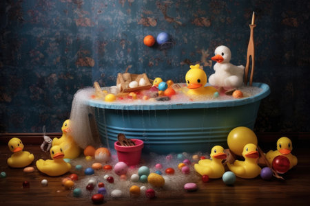 baby bathtub surrounded by rubber ducks and toys, created with generative aiの素材