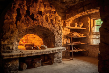 stone oven with fire and unbaked dough inside, created with generative aiの素材