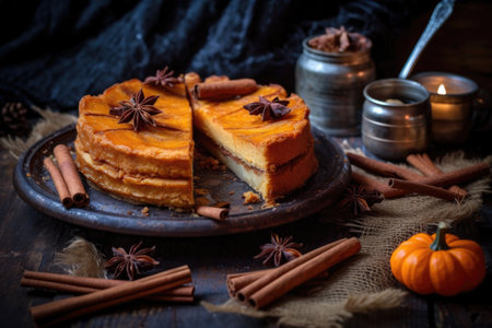 homemade pumpkin pie with cinnamon sticks, created with generative aiの素材