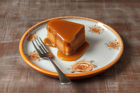 a piece of pumpkin pie on a ceramic plate with fork, created with generative aiの素材