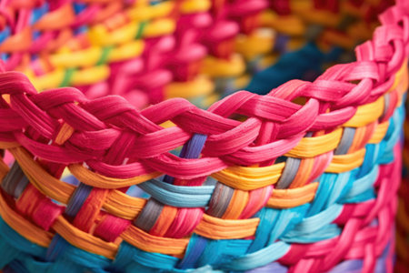 close-up of a woven basket with colorful patterns, created with generative aiの素材