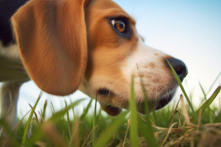 close-up of beagles nose tracking scent on grass, created with generative aiの素材