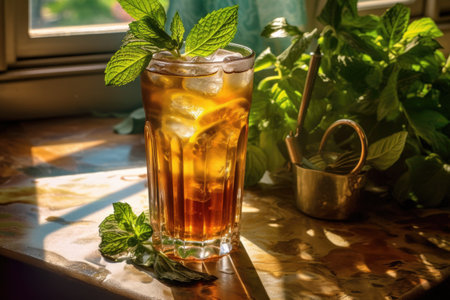 sunlight filtering through a glass of iced tea with mint leaves, created with generative aiの素材