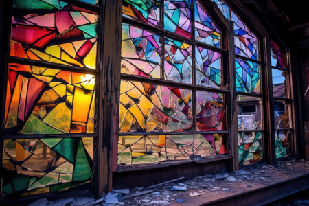 broken window with a colorful stained glass design, created with generative aiの素材