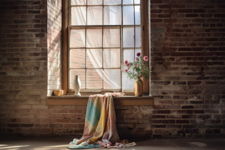 new window pane leaning against a brick wall, created with generative aiの素材