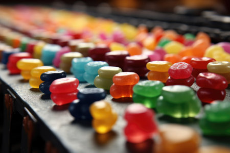 conveyor belt with colorful candies in a row, created with generative aiの素材