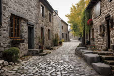 historic village cobblestone street lined with stone walls, created with generative aiの素材