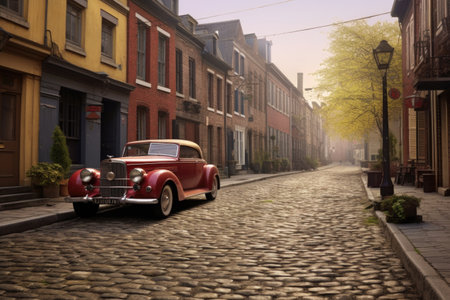 cobblestone street with vintage car parked nearby, created with generative aiの素材