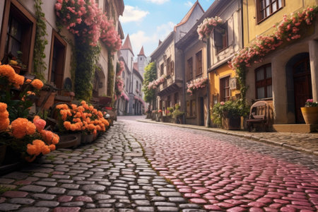 curved cobblestone street with blooming flowers, created with generative aiの素材