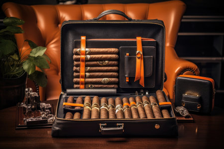 cigars arranged in a luxurious leather case, created with generative aiの素材