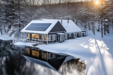 solar panels on snow-covered lake house or cabin, created with generative aiの素材