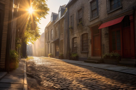 sunrays peeking through buildings onto cobblestone street, created with generative aiの素材