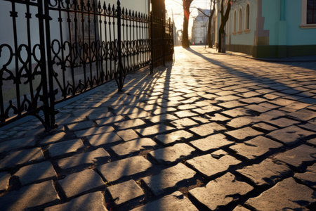 shadow of wrought iron fence on cobblestone pavement, created with generative aiの素材