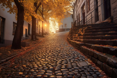 sunrise illuminating a cobblestone staircase, created with generative aiの素材