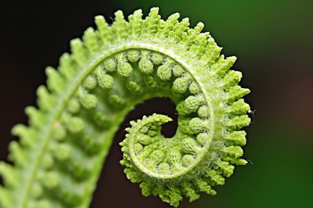 macro shot of fern unfurling, displaying intricate pattern, created with generative aiの素材
