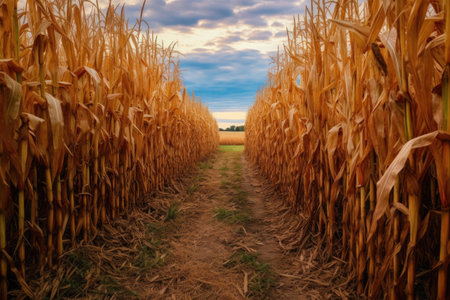 rows of corn stalks with a clear path from harvesting, created with generative aiの素材