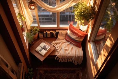 overhead shot of cozy balcony reading nook, created with generative aiの素材