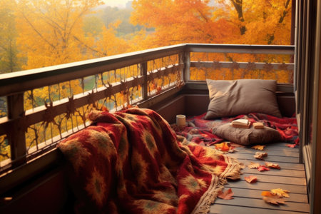 autumn-inspired balcony with fallen leaves and blanket, created with generative aiの素材