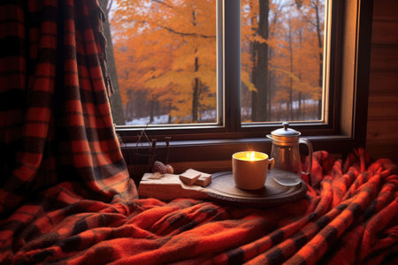 hot cocoa and blanket next to cabin window, created with generative aiの素材