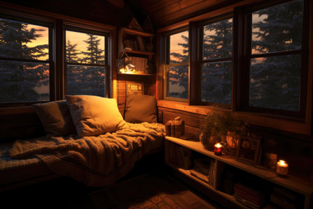 cozy reading nook by a window in the cabin, created with generative aiの素材