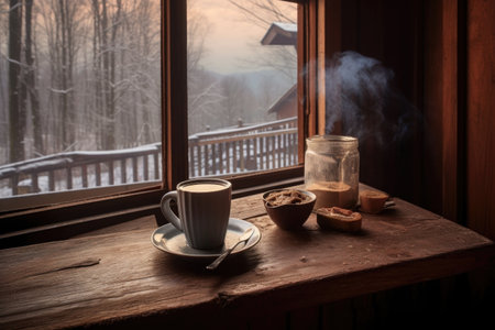 steaming hot cocoa on a cabin porch table, created with generative aiの素材