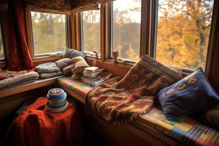 blankets and pillows on a cabin window seat, created with generative aiの素材