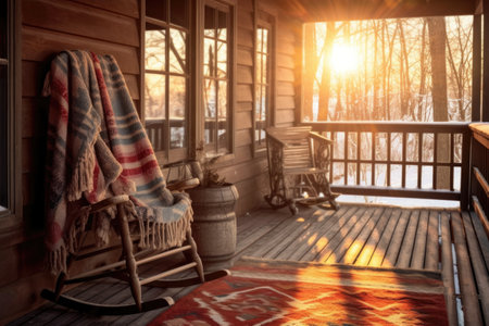 winter cabin porch with rocking chair and blanket, created with generative aiの素材