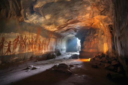 shadowy cave interior with vibrant prehistoric paintings, created with generative aiの素材