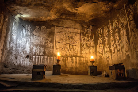 ancient symbols and drawings on a cave wall illuminated by torchlight, created with generative aiの素材