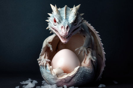 dragon hatchling peeking out of an eggshell, created with generative aiの素材