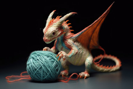 miniature dragon playing with a ball of yarn, created with generative aiの素材