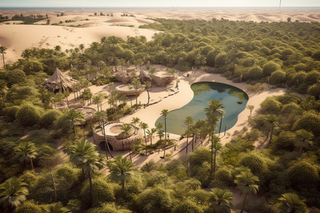 aerial view of a lush oasis surrounded by sand dunes, created with generative aiの素材