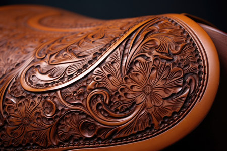 focus on carved leather artwork on a saddle, created with generative aiの素材