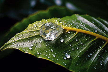 close-up of diamond dust sparkling on a dewy leaf, created with generative aiの素材